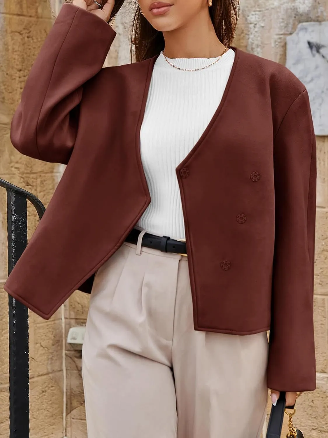 Cicy Bell Womens Cropped Wool Jackets Fall V Neck Short Pea Coats Single Breasted Outerwear Winter Outfits