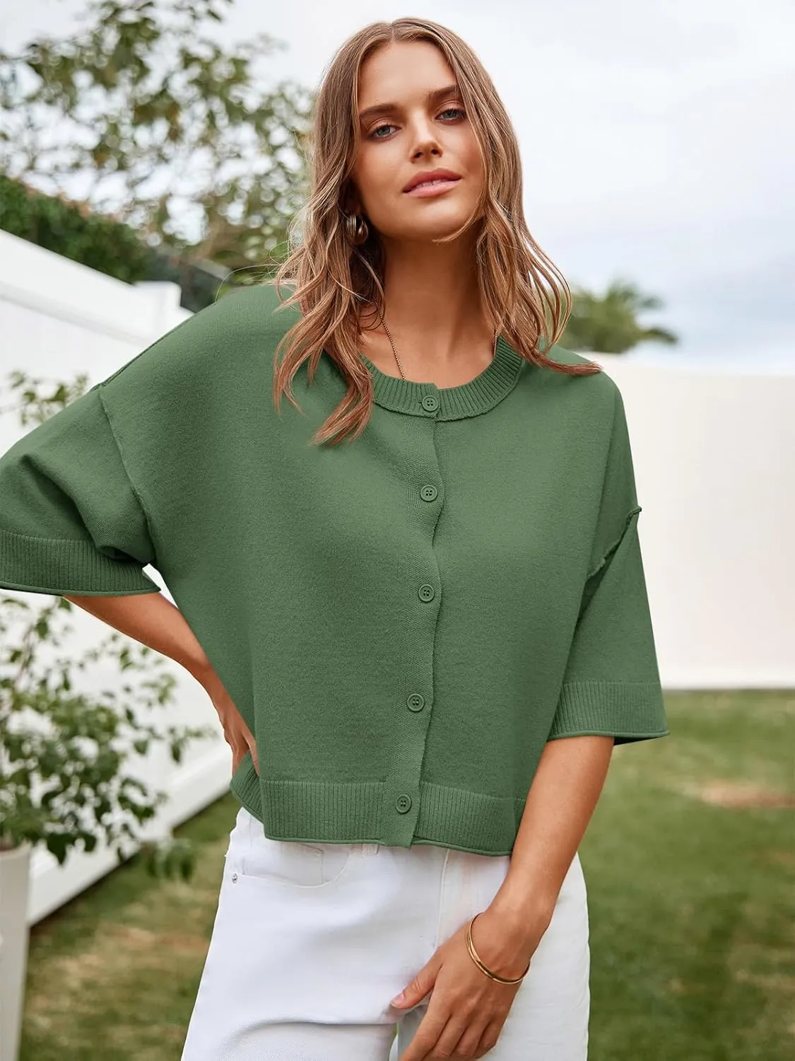 Cicy Bell Womens Half Sleeve Cardigan Sweaters Cropped Button Down Tops Oversized Lightweight Ribbed Knit Summer Outfits
