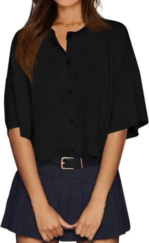 Cicy Bell Womens Half Sleeve Cardigan Sweaters Cropped Button Down Tops Oversized Lightweight Ribbed Knit Summer Outfits