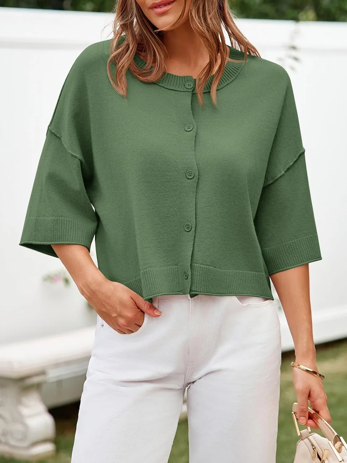 Cicy Bell Womens Half Sleeve Cardigan Sweaters Cropped Button Down Tops Oversized Lightweight Ribbed Knit Summer Outfits