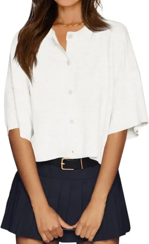 Cicy Bell Womens Half Sleeve Cardigan Sweaters Cropped Button Down Tops Oversized Lightweight Ribbed Knit Summer Outfits
