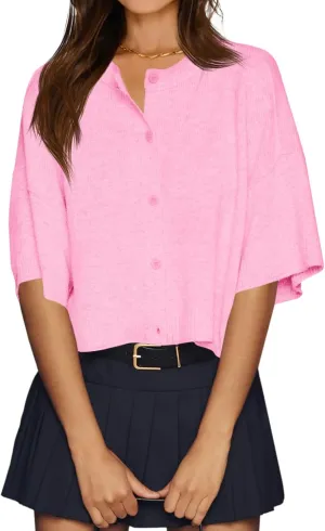 Cicy Bell Womens Half Sleeve Cardigan Sweaters Cropped Button Down Tops Oversized Lightweight Ribbed Knit Summer Outfits