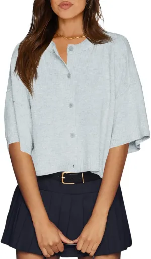 Cicy Bell Womens Half Sleeve Cardigan Sweaters Cropped Button Down Tops Oversized Lightweight Ribbed Knit Summer Outfits