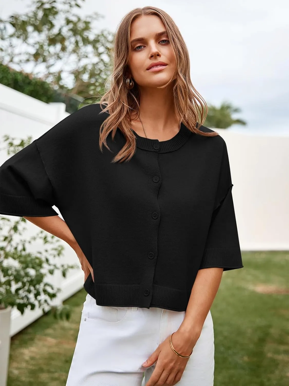 Cicy Bell Womens Half Sleeve Cardigan Sweaters Cropped Button Down Tops Oversized Lightweight Ribbed Knit Summer Outfits
