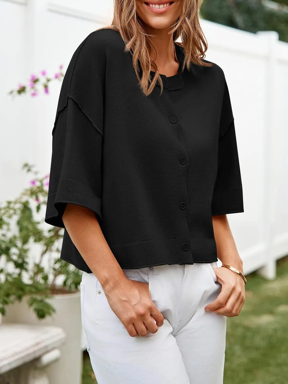 Cicy Bell Womens Half Sleeve Cardigan Sweaters Cropped Button Down Tops Oversized Lightweight Ribbed Knit Summer Outfits
