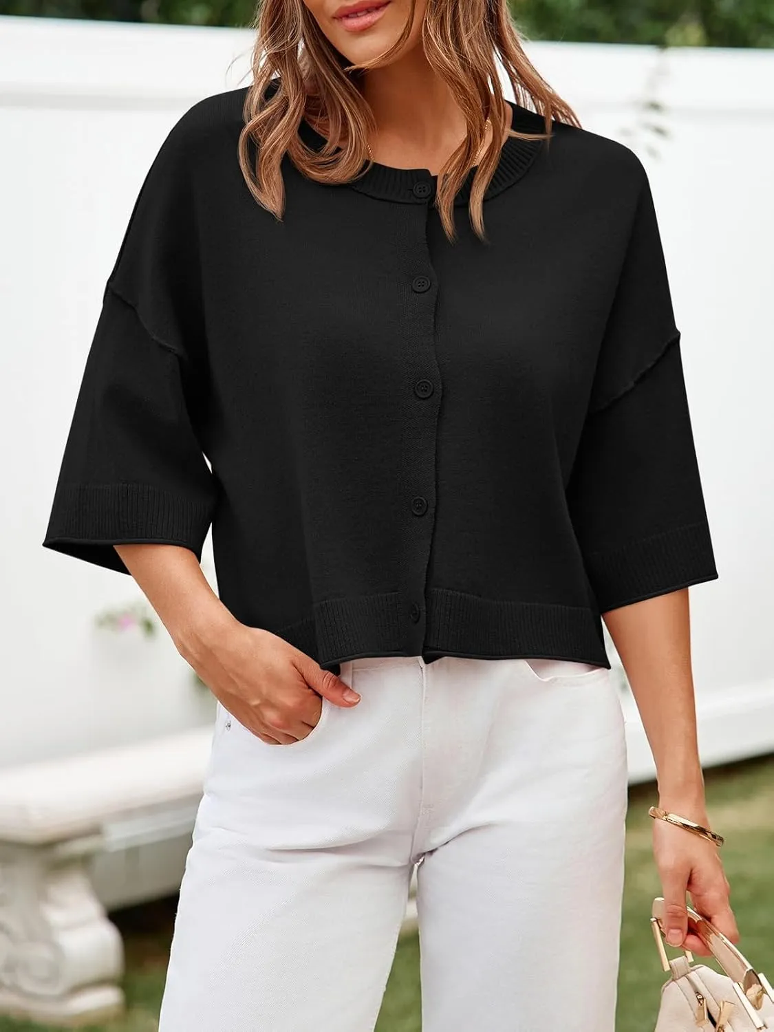 Cicy Bell Womens Half Sleeve Cardigan Sweaters Cropped Button Down Tops Oversized Lightweight Ribbed Knit Summer Outfits