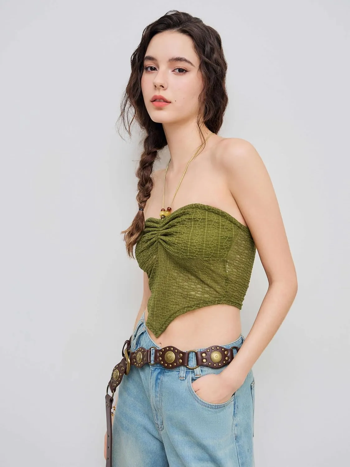 CIDER Halter Tops for Women Crochet Boho Backless Ruched Tie Back Vacation Beach Tank Crop Tops