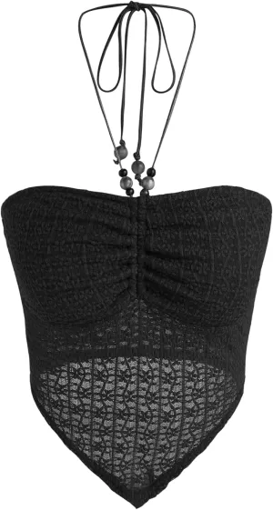 CIDER Halter Tops for Women Crochet Boho Backless Ruched Tie Back Vacation Beach Tank Crop Tops