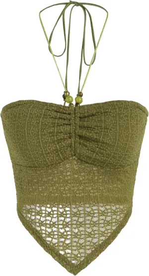 CIDER Halter Tops for Women Crochet Boho Backless Ruched Tie Back Vacation Beach Tank Crop Tops