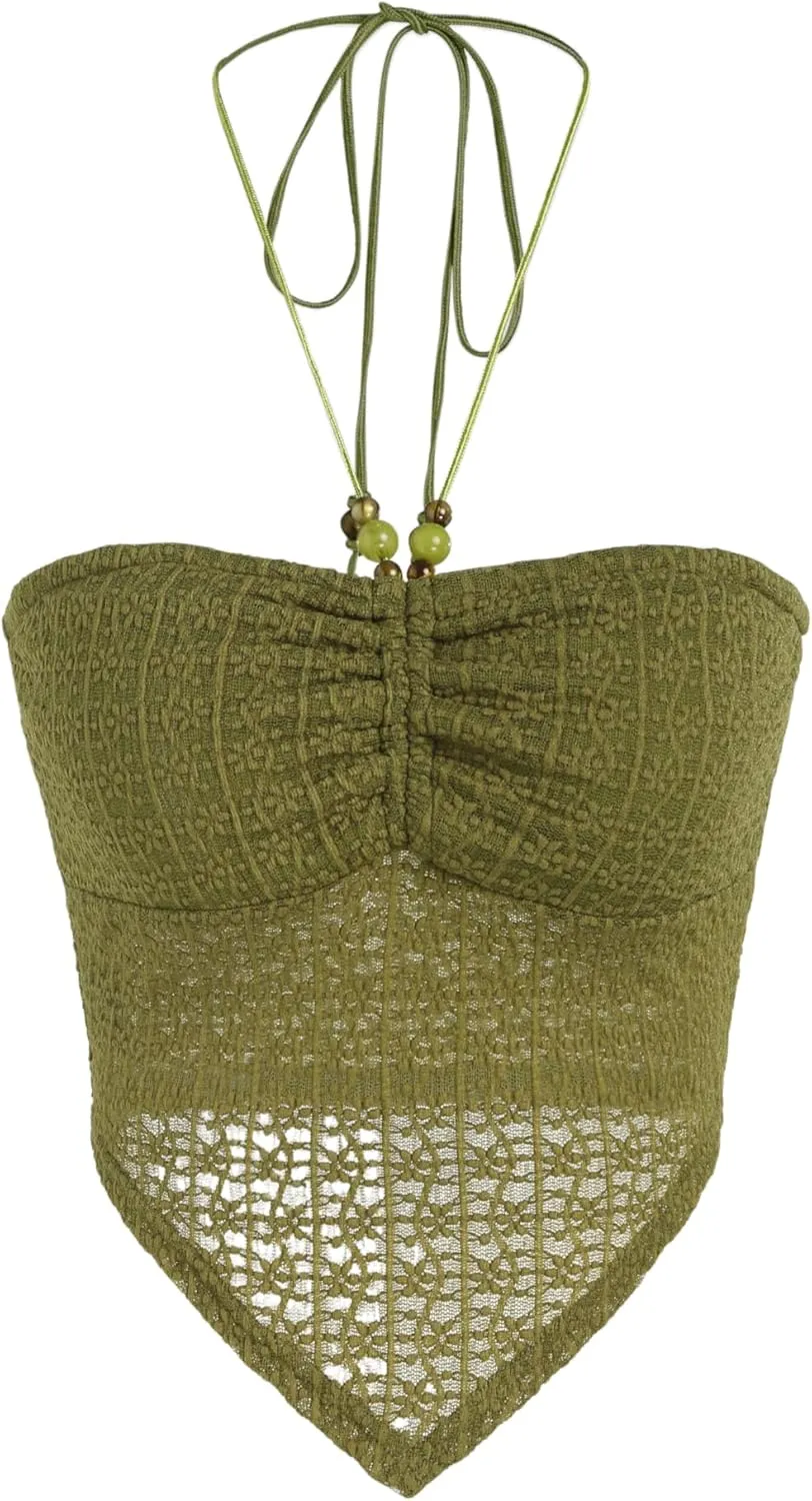 CIDER Halter Tops for Women Crochet Boho Backless Ruched Tie Back Vacation Beach Tank Crop Tops