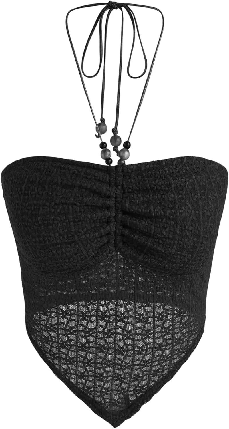 CIDER Halter Tops for Women Crochet Boho Backless Ruched Tie Back Vacation Beach Tank Crop Tops