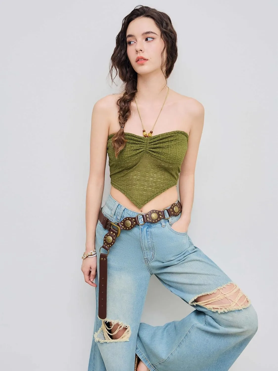 CIDER Halter Tops for Women Crochet Boho Backless Ruched Tie Back Vacation Beach Tank Crop Tops
