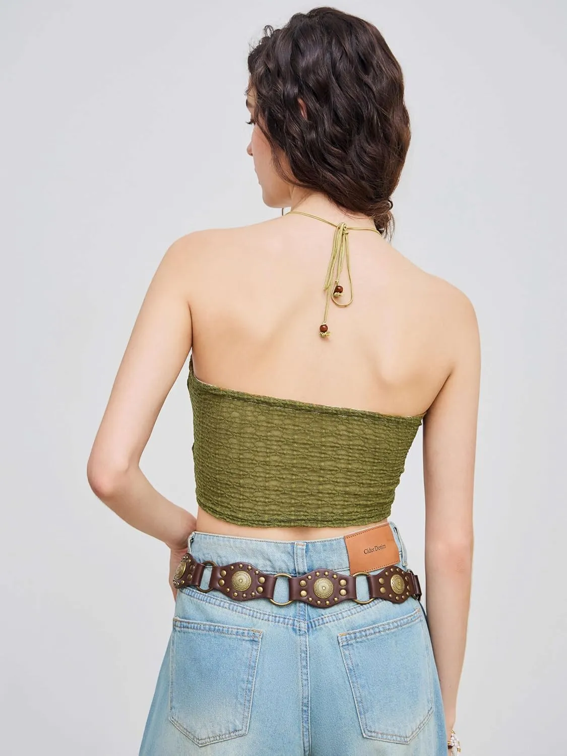CIDER Halter Tops for Women Crochet Boho Backless Ruched Tie Back Vacation Beach Tank Crop Tops