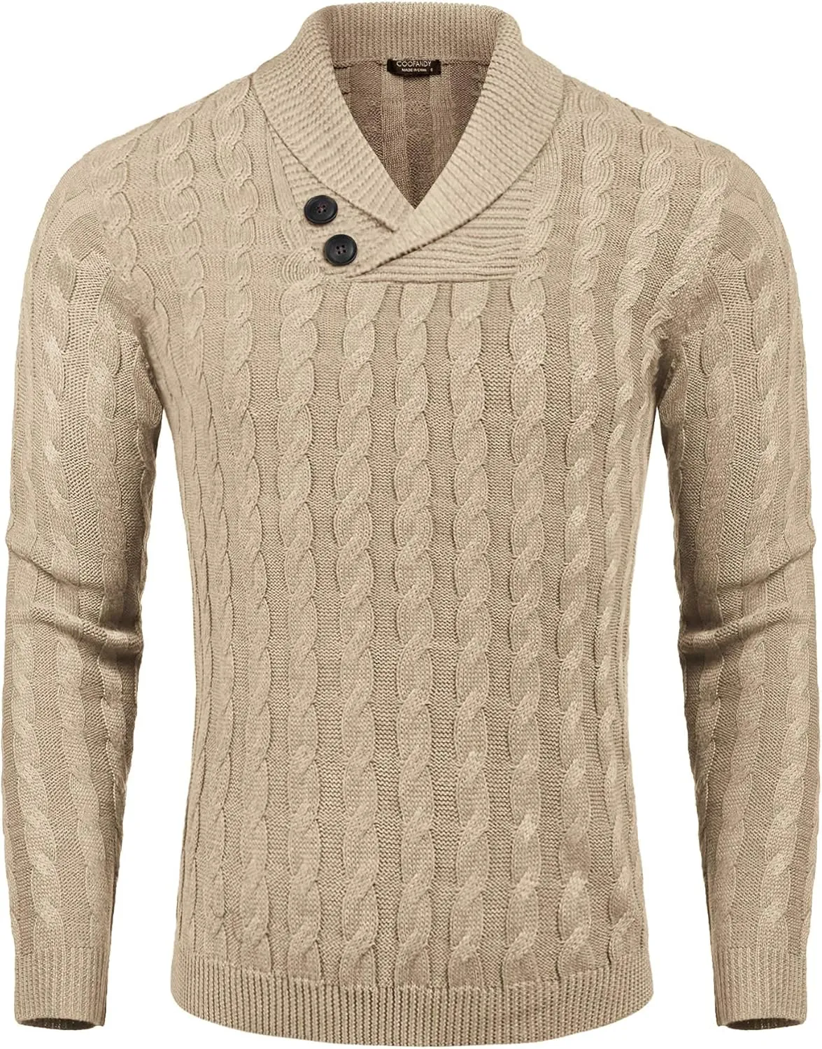 COOFANDY Men's Shawl Collar Pullover Sweater Slim Fit Casual Button Cable Knit Sweaters