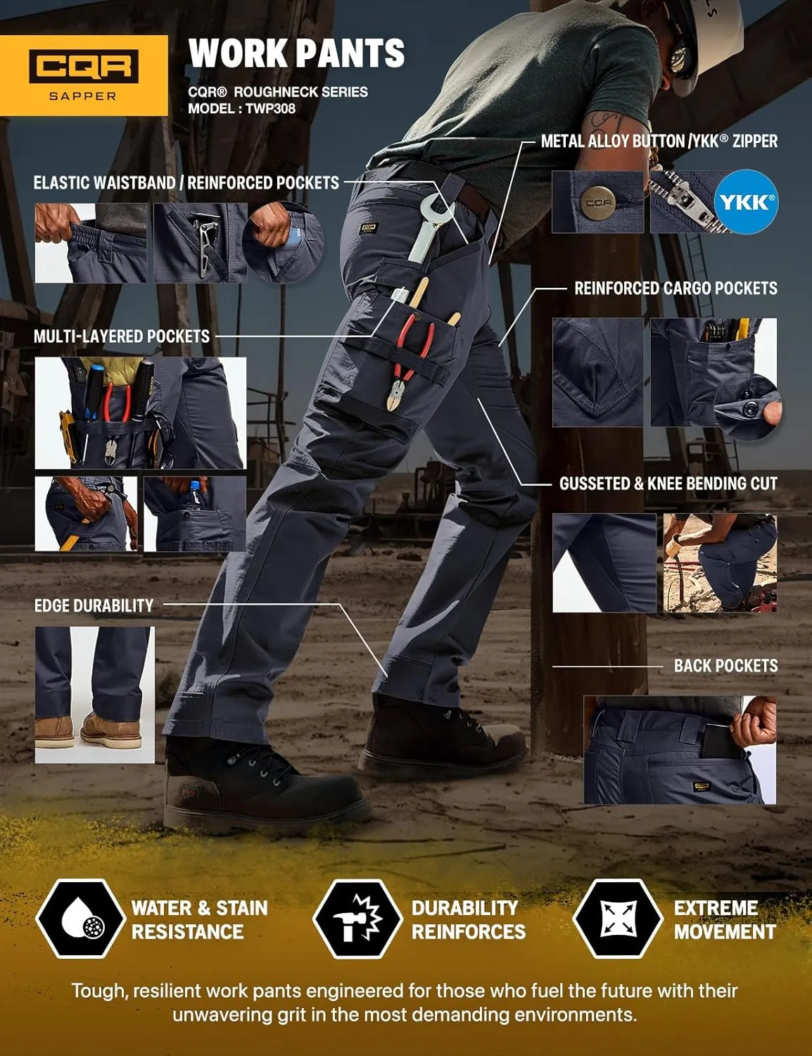 CQR Men's Quick Dry Work Pants, Water Resistant Outdoor Tactical Pants, Lightweight Stretch Cargo Hiking Pants