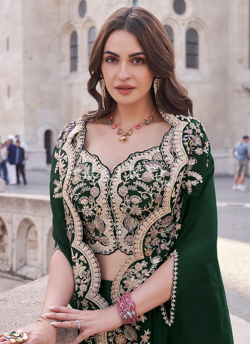 Dark Green Embroidered Cape Style Designer Palazzo Suit