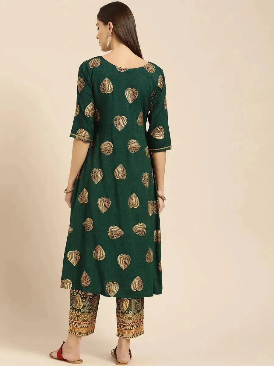 Dark Green Printed Rayon A-Line Kurta With Trousers