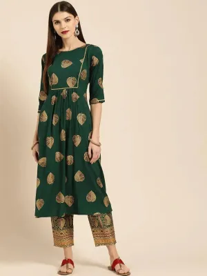 Dark Green Printed Rayon A-Line Kurta With Trousers