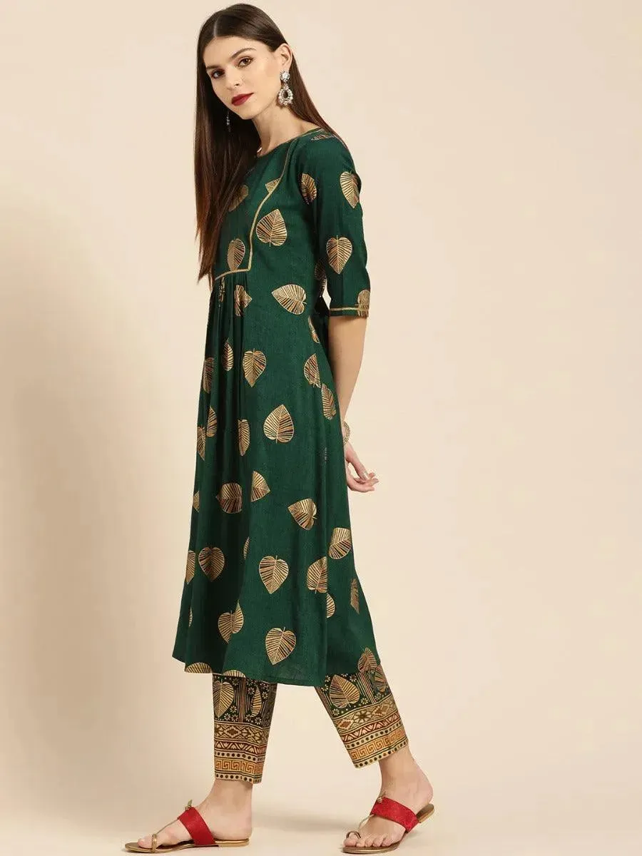 Dark Green Printed Rayon A-Line Kurta With Trousers