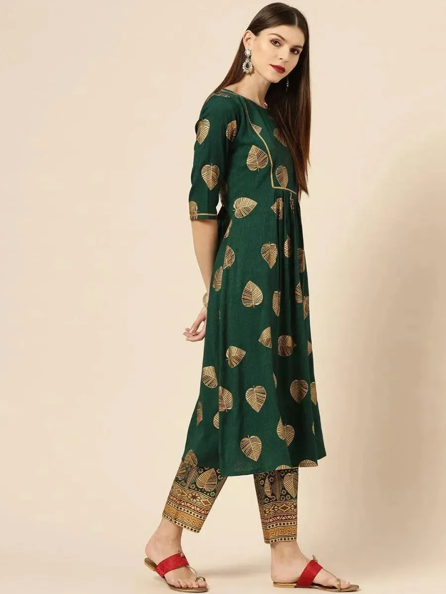 Dark Green Printed Rayon A-Line Kurta With Trousers