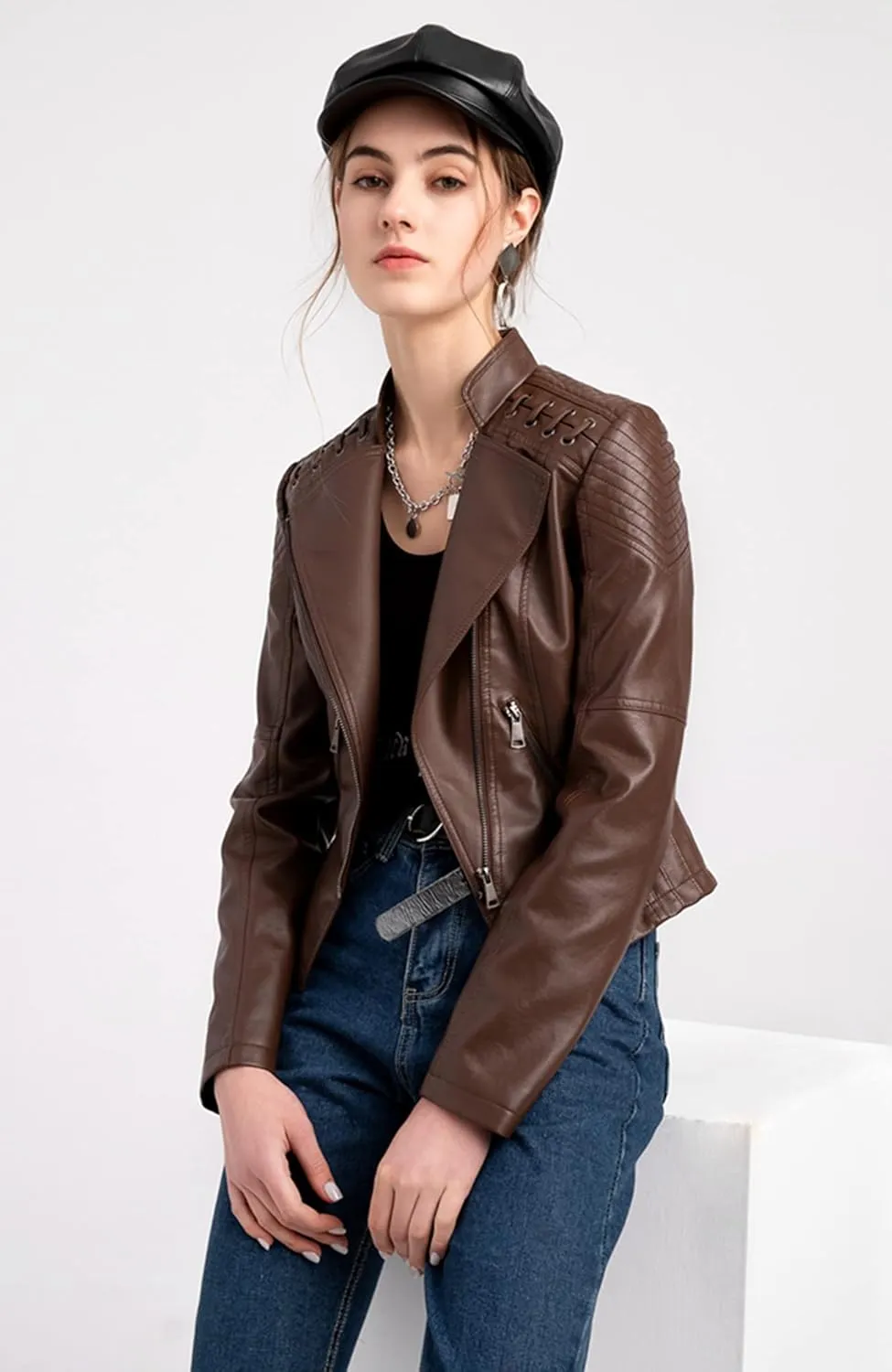 Dear model Women's Leather Jackets,Faux Leather Moto Jacket Slim Thin Leather for Casual Look