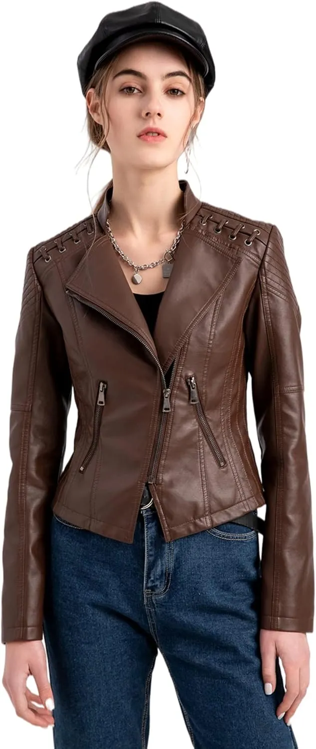 Dear model Women's Leather Jackets,Faux Leather Moto Jacket Slim Thin Leather for Casual Look