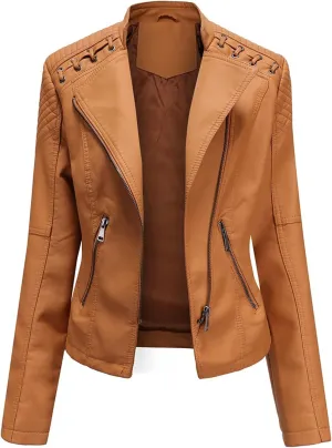 Dear model Women's Leather Jackets,Faux Leather Moto Jacket Slim Thin Leather for Casual Look