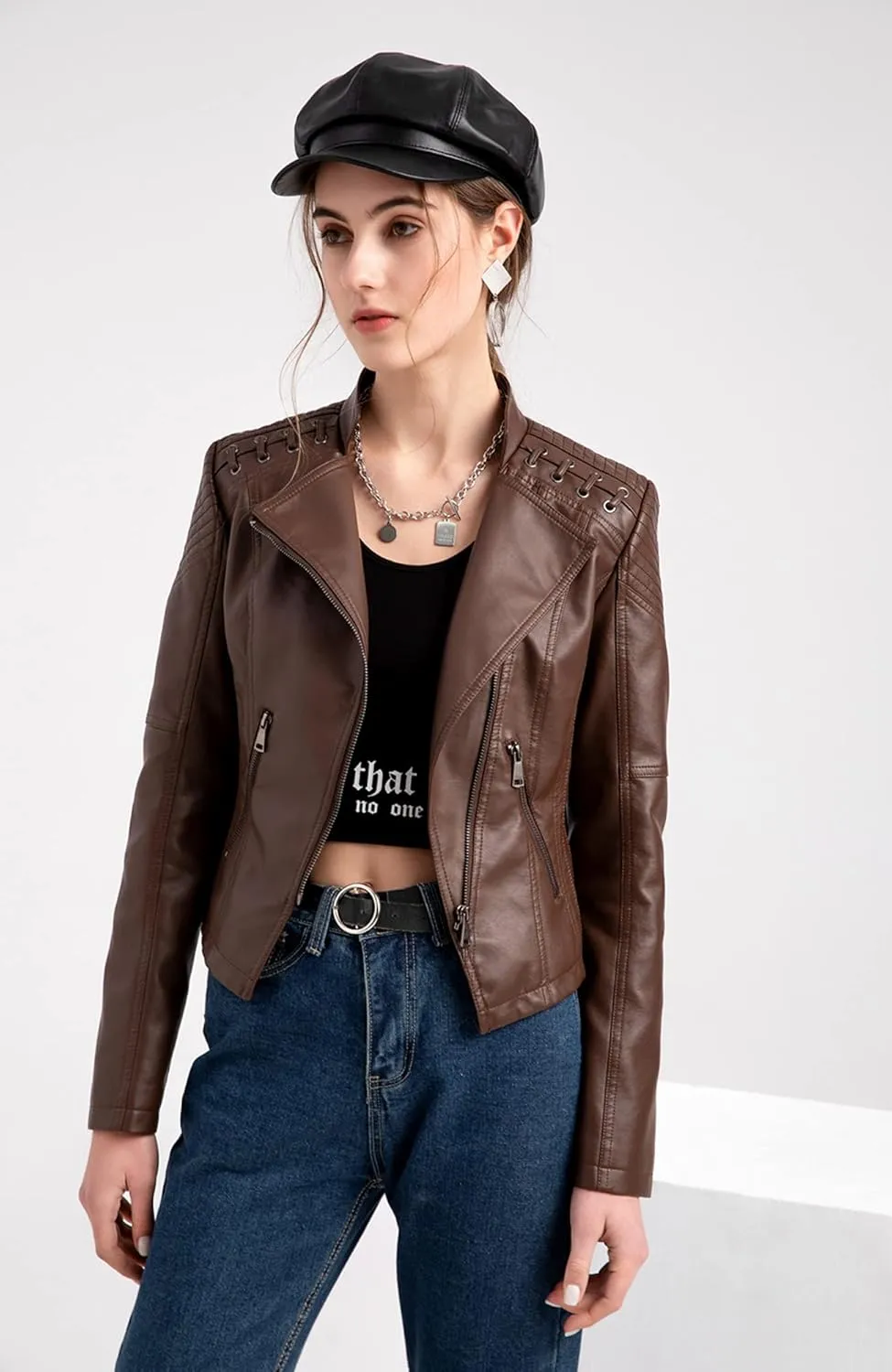 Dear model Women's Leather Jackets,Faux Leather Moto Jacket Slim Thin Leather for Casual Look