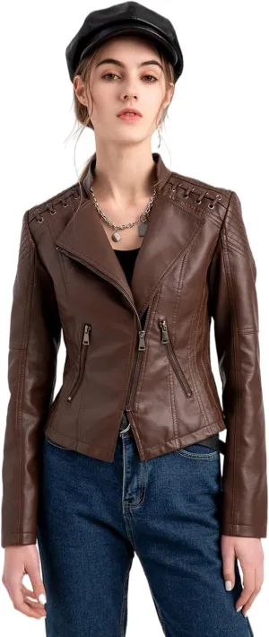 Dear model Women's Leather Jackets,Faux Leather Moto Jacket Slim Thin Leather for Casual Look