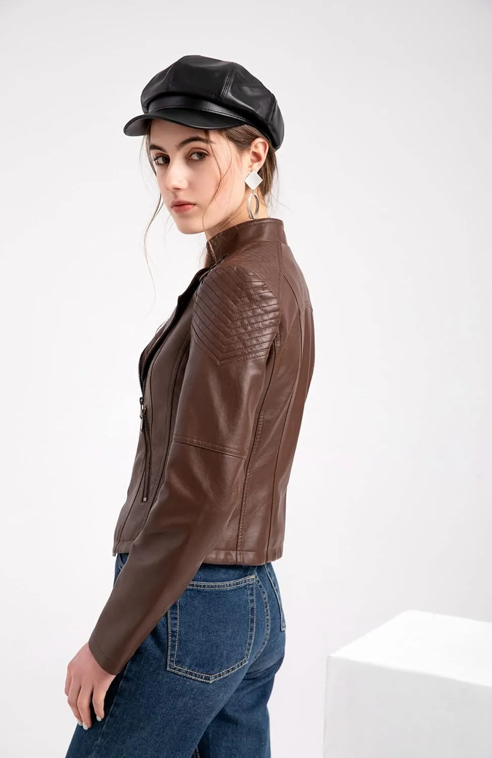 Dear model Women's Leather Jackets,Faux Leather Moto Jacket Slim Thin Leather for Casual Look