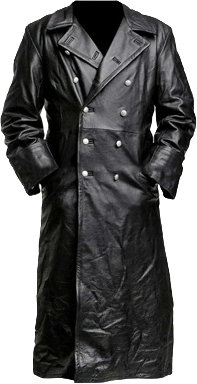 DGHM-JLMY Men's Fashion Windbreaker Slim Long Leather Coat Double Breasted Long Faux Pu Trench Coat Button Lapel Leather Coat