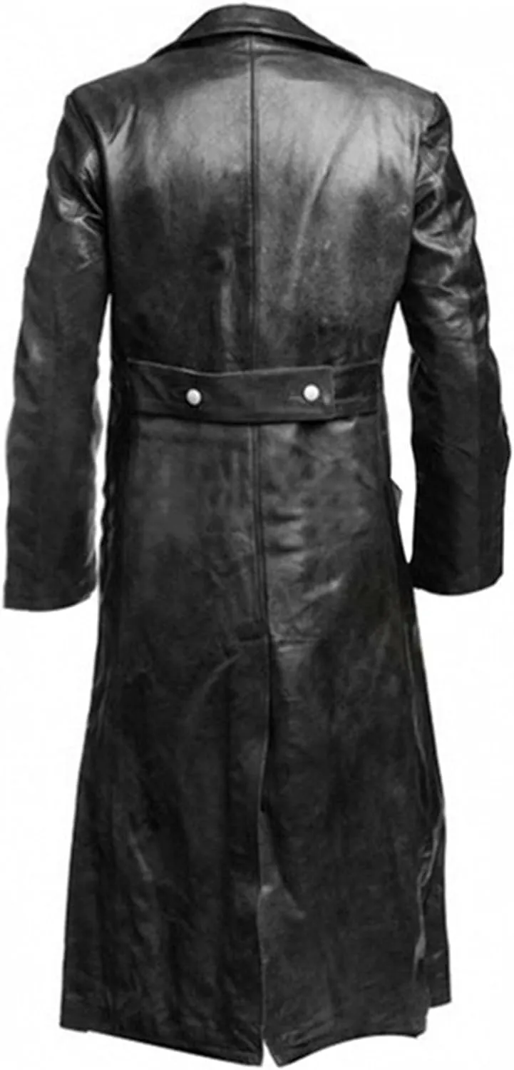 DGHM-JLMY Men's Fashion Windbreaker Slim Long Leather Coat Double Breasted Long Faux Pu Trench Coat Button Lapel Leather Coat