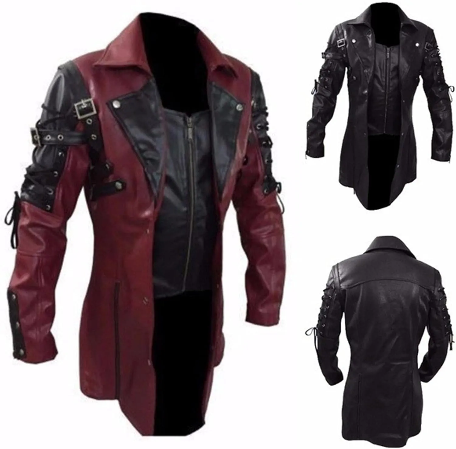 DGHM-JLMY Men's Loose Zipper Faux Leather Coat Long Sleeve Punk Biker Vintage Jacket Motorcycle Pu Leather Outwear Coat