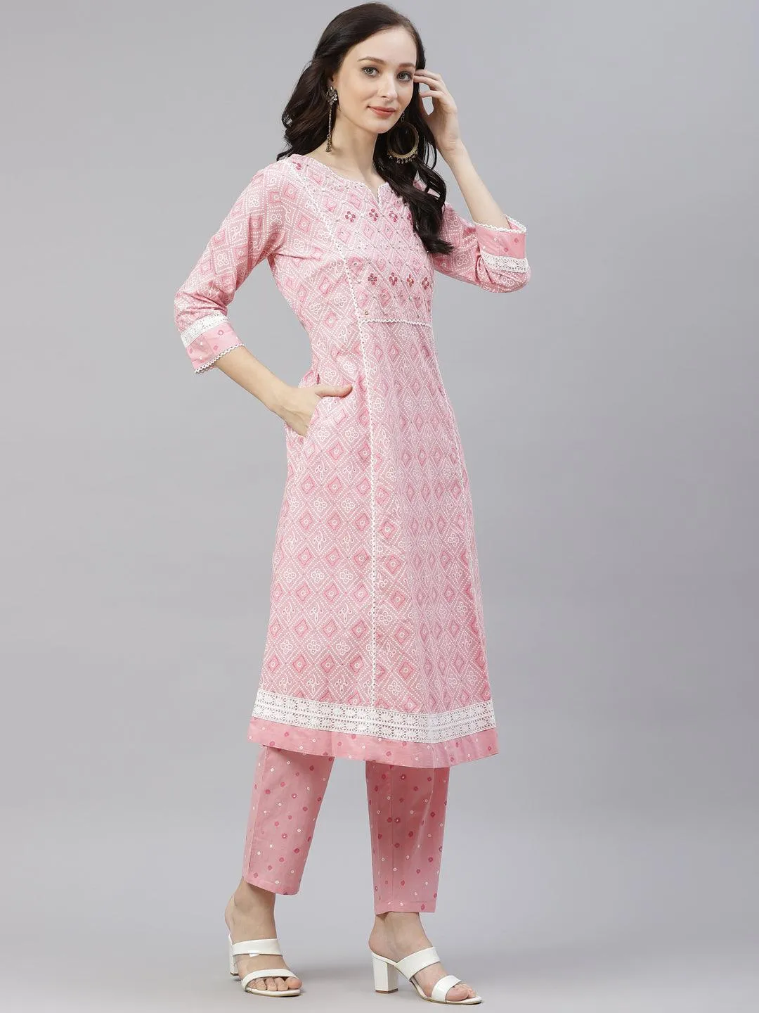 Divena Pink Cotton A-line  kurta Pant set with Dupatta