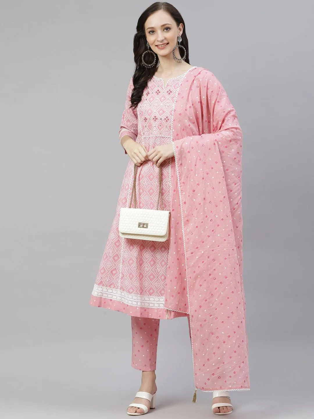 Divena Pink Cotton A-line  kurta Pant set with Dupatta