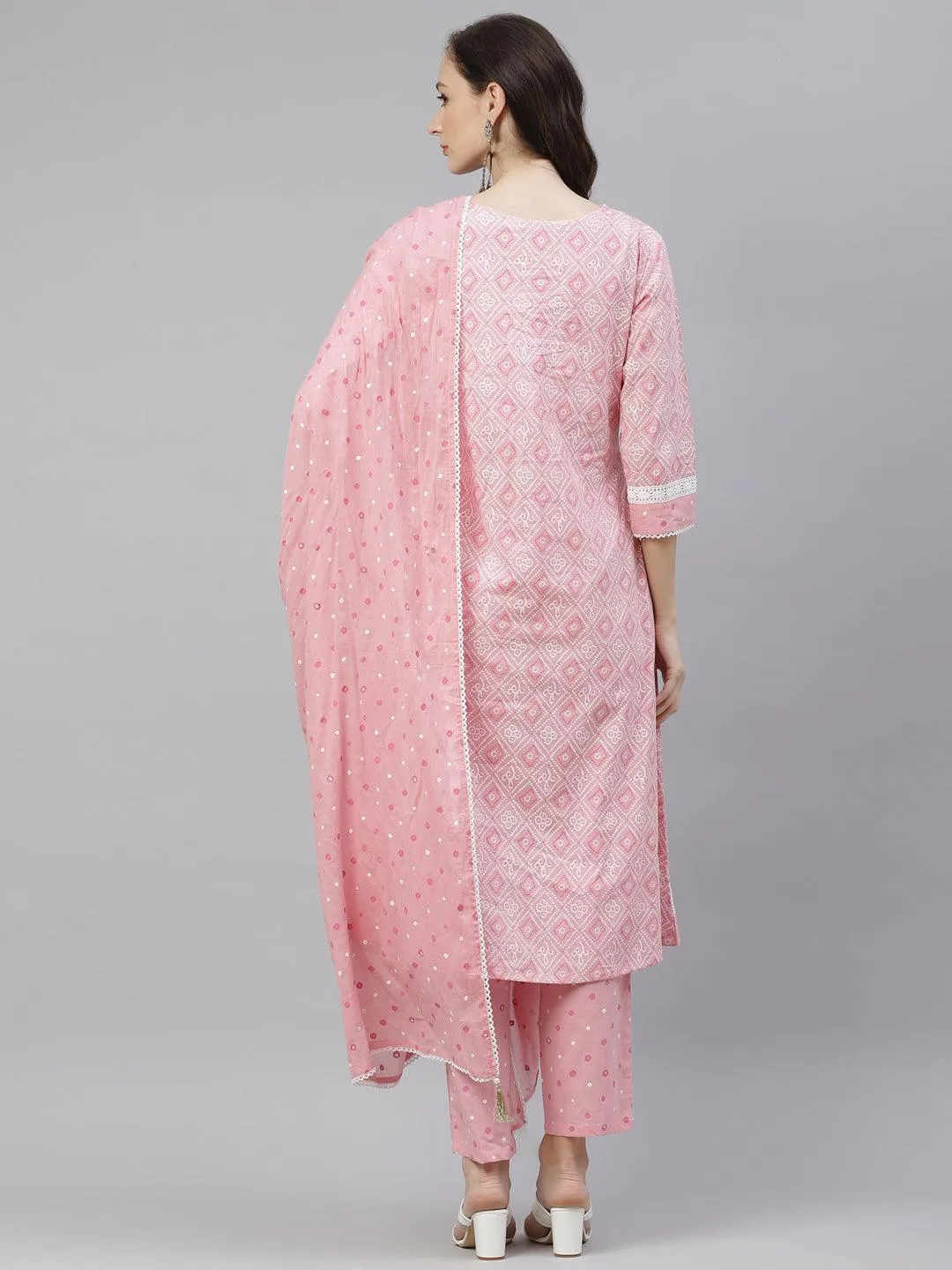 Divena Pink Cotton A-line  kurta Pant set with Dupatta