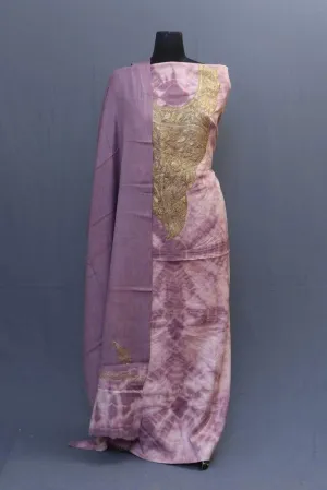 Dusty Lavender Tye And Dye Semi Pashmina Suit Having Tilla Neck With Elegance And Luxurious Warmth