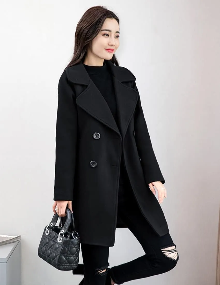ebossy Women's Trench Jacket Double Breasted Wool Blend Mid-Long Pea Coat