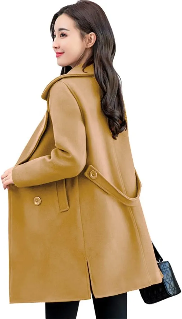 ebossy Women's Trench Jacket Double Breasted Wool Blend Mid-Long Pea Coat
