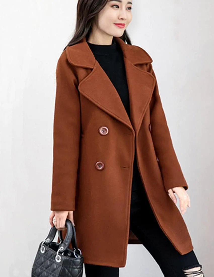 ebossy Women's Trench Jacket Double Breasted Wool Blend Mid-Long Pea Coat