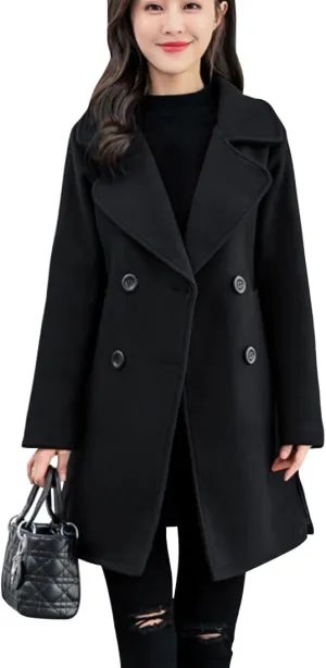 ebossy Women's Trench Jacket Double Breasted Wool Blend Mid-Long Pea Coat