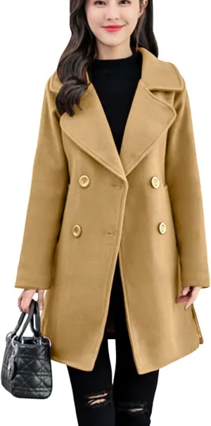 ebossy Women's Trench Jacket Double Breasted Wool Blend Mid-Long Pea Coat