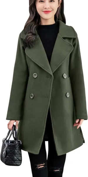 ebossy Women's Trench Jacket Double Breasted Wool Blend Mid-Long Pea Coat
