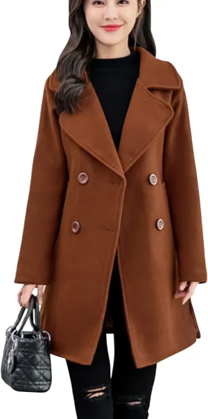 ebossy Women's Trench Jacket Double Breasted Wool Blend Mid-Long Pea Coat