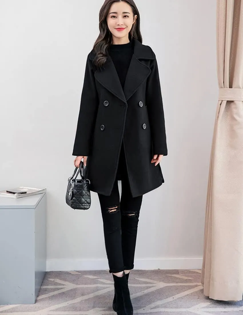 ebossy Women's Trench Jacket Double Breasted Wool Blend Mid-Long Pea Coat