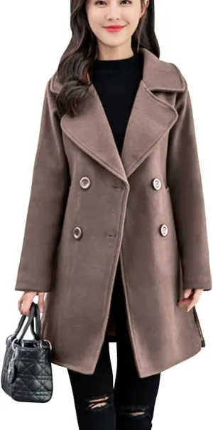 ebossy Women's Trench Jacket Double Breasted Wool Blend Mid-Long Pea Coat