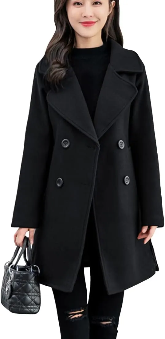 ebossy Women's Trench Jacket Double Breasted Wool Blend Mid-Long Pea Coat