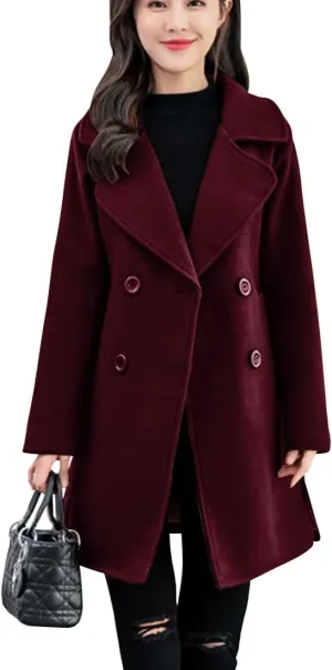 ebossy Women's Trench Jacket Double Breasted Wool Blend Mid-Long Pea Coat