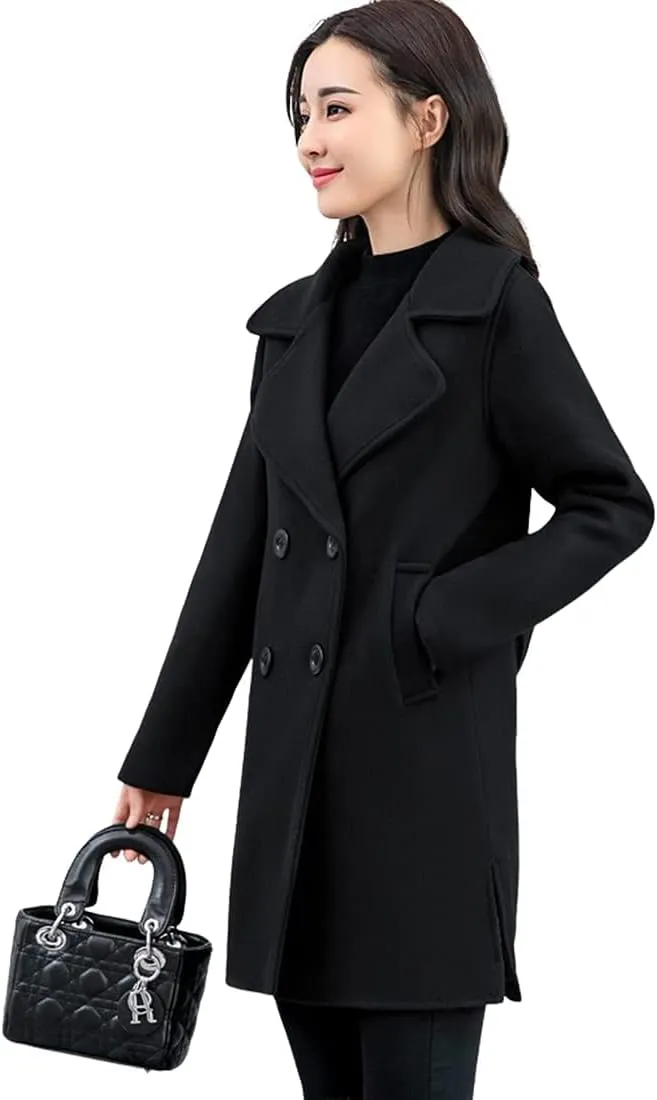 ebossy Women's Trench Jacket Double Breasted Wool Blend Mid-Long Pea Coat
