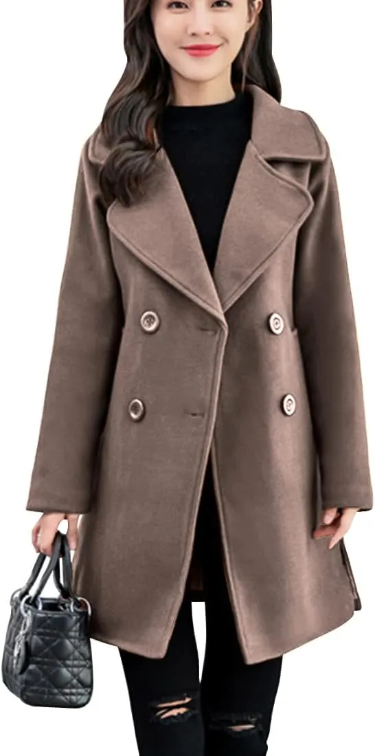 ebossy Women's Trench Jacket Double Breasted Wool Blend Mid-Long Pea Coat